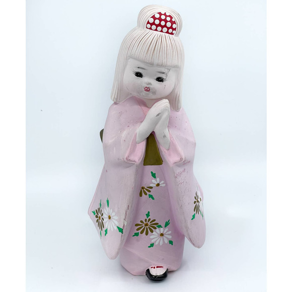 Vintage Japanese Hakata Doll Chalkware Girl Figurine Geisha Pink Kimono statue
